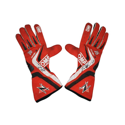 Red Zach Veach 2018 Racing race gloves with black and white accents on a white background