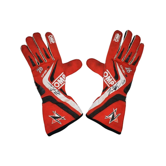 Red Zach Veach 2018 Racing race gloves with black and white accents on a white background