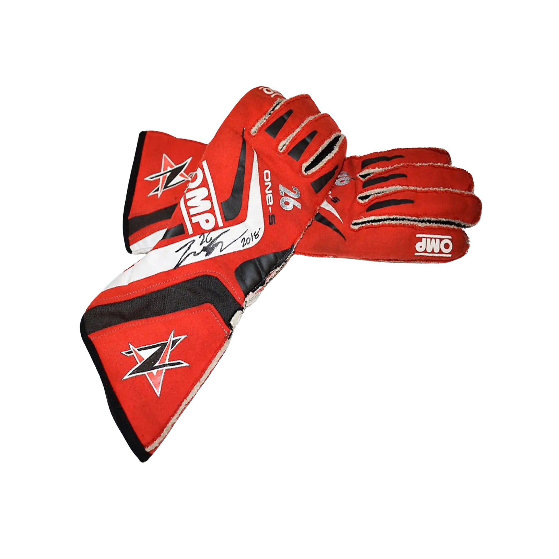 Red and black Zach Veach 2018 Race gloves with visible branding on a white background