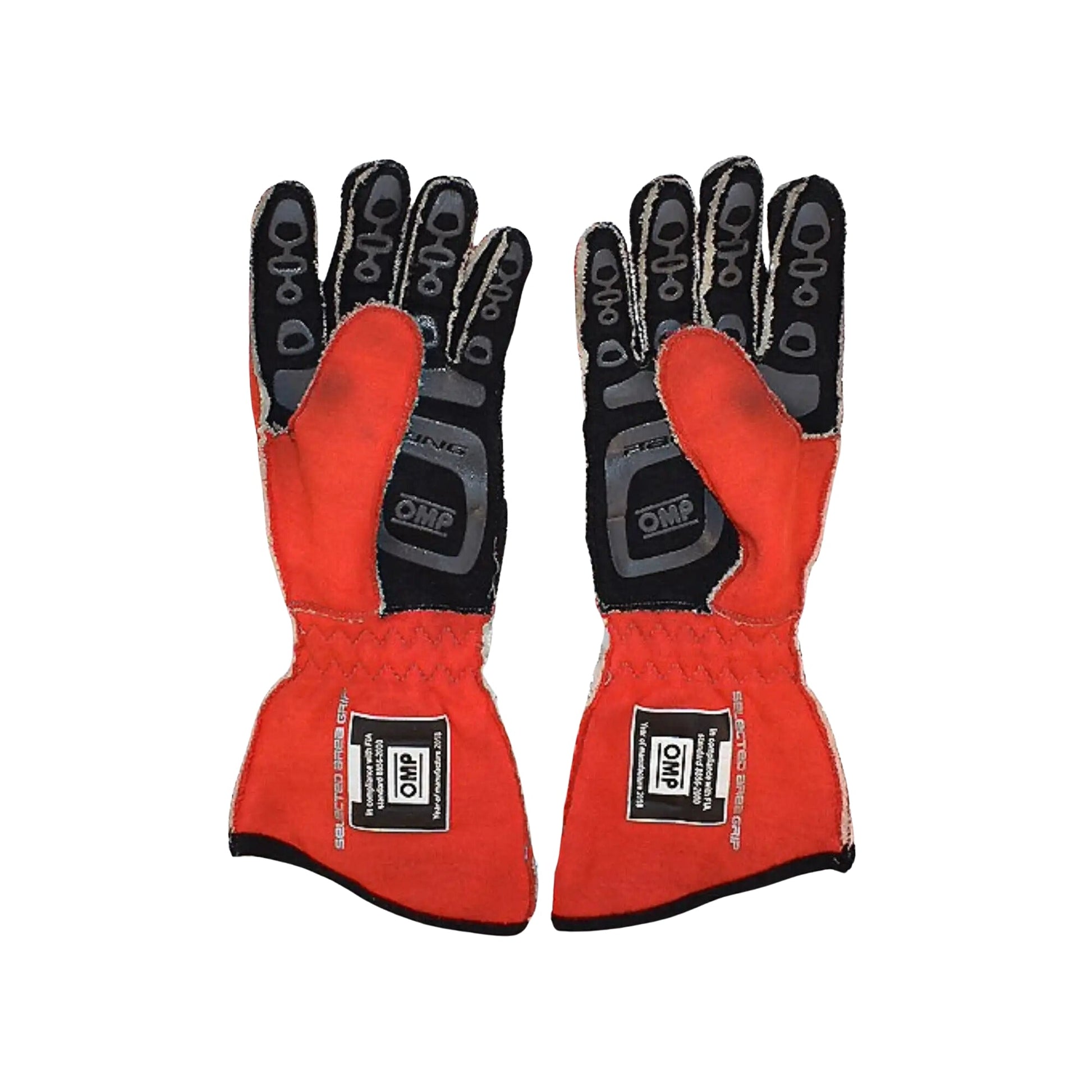 Pair of red Zach Veach 2018 Race gloves with black accents on a white background