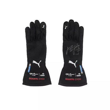 Pair of black Zhou Guanyu 2022 Singapore GP F1 Race gloves with branding and text on a white background
