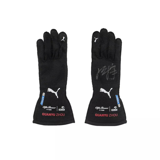 Pair of black Zhou Guanyu 2022 Singapore GP F1 Race gloves with branding and text on a white background