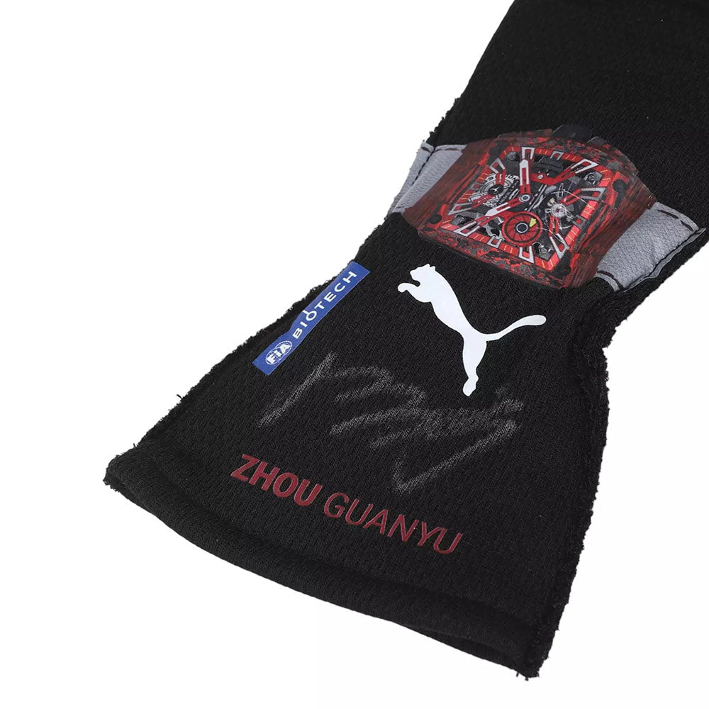 Black Zhou Guanyu 2022 Singapore GP F1 Race Gloves with red text and Puma logo on a white background