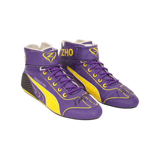 Purple and yellow high-top Zhou Guanyu 2023 Mexico City GP F1 Race shoes with 'ZHO' branding on a white background