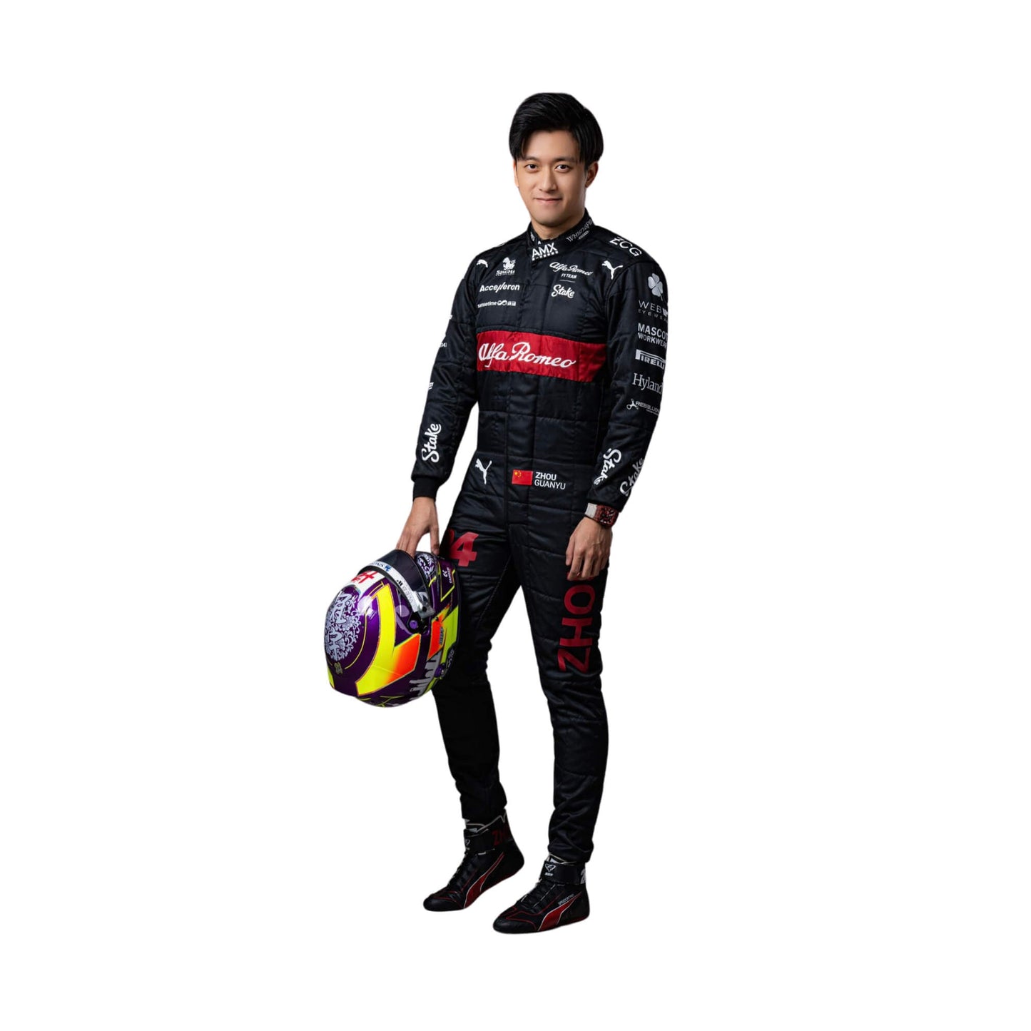Side profile of Zhou Guanyu in his 2023 Alfa Romeo F1 racing suit, displaying the ergonomic fit and the interplay of black and red fabrics, enhanced by subtle detailing along the side seams.