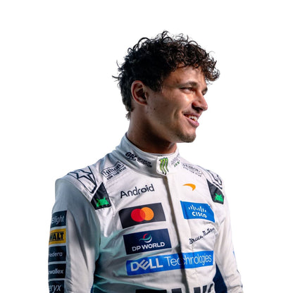 Lando Norris wearing a white racing suit with multiple sponsor logos against a plain white background.