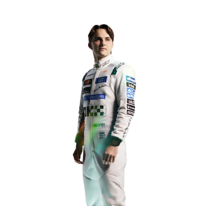oscar piastri wearing a white racing suit with multiple sponsor logos against a plain white background.