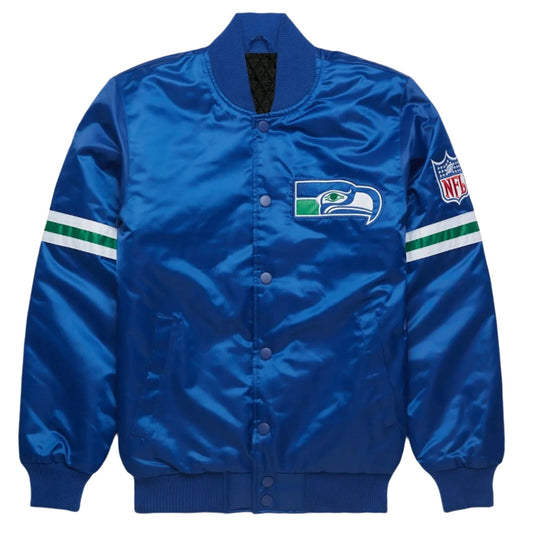 NFL Seattle Seahawks Blue Satin Bomber Style Letterman Full snap Varsity Jacket
