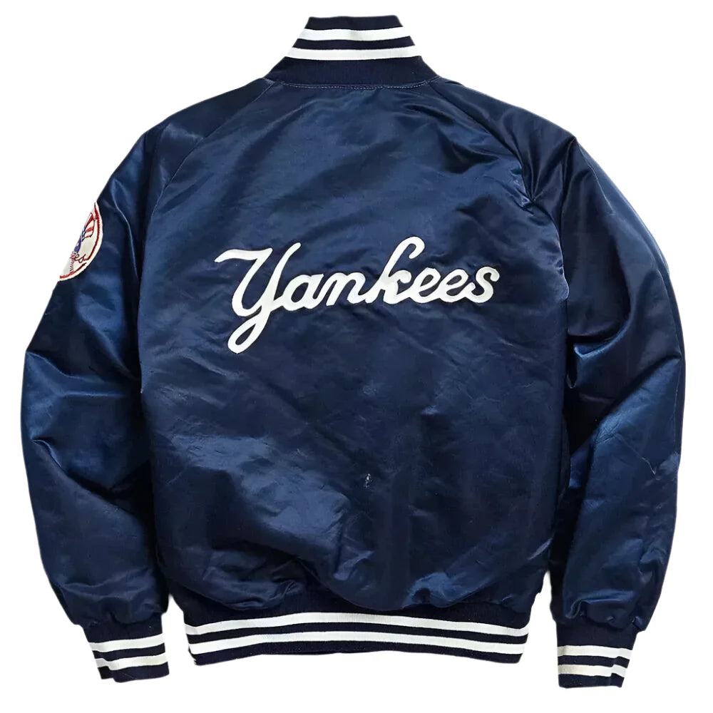New York Yankees 90s Blue and White Satin Bomber Varsity Jacket For Men